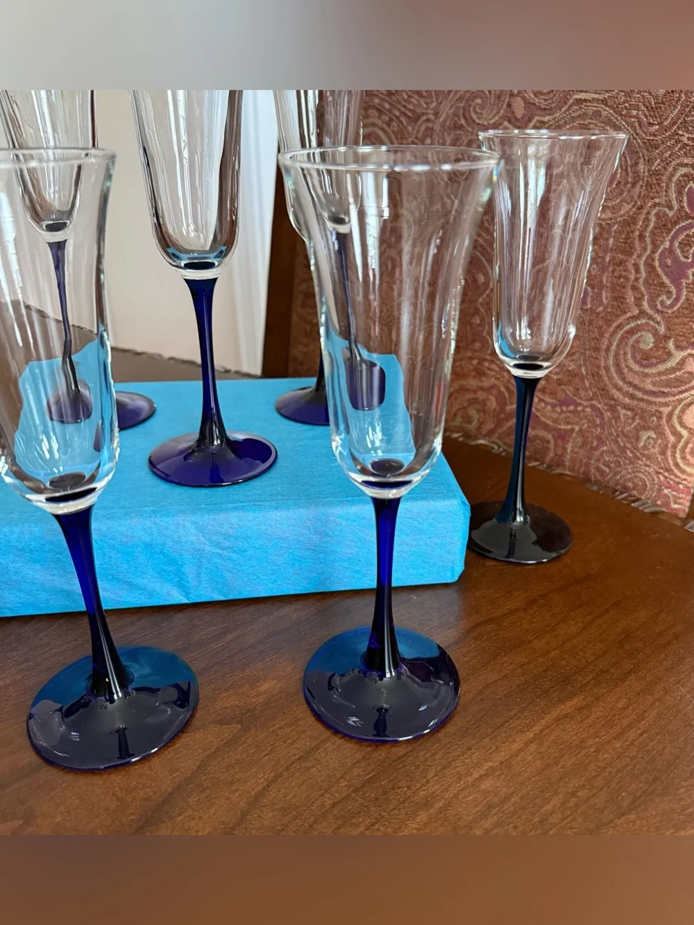 Vintage Luminarc France Cobalt Blue Stem Champagne Flutes - Set of 6 + 1 Spare